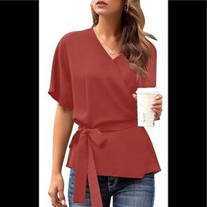 V Neck Top Belted Peplum Wrap Blouse Shirts